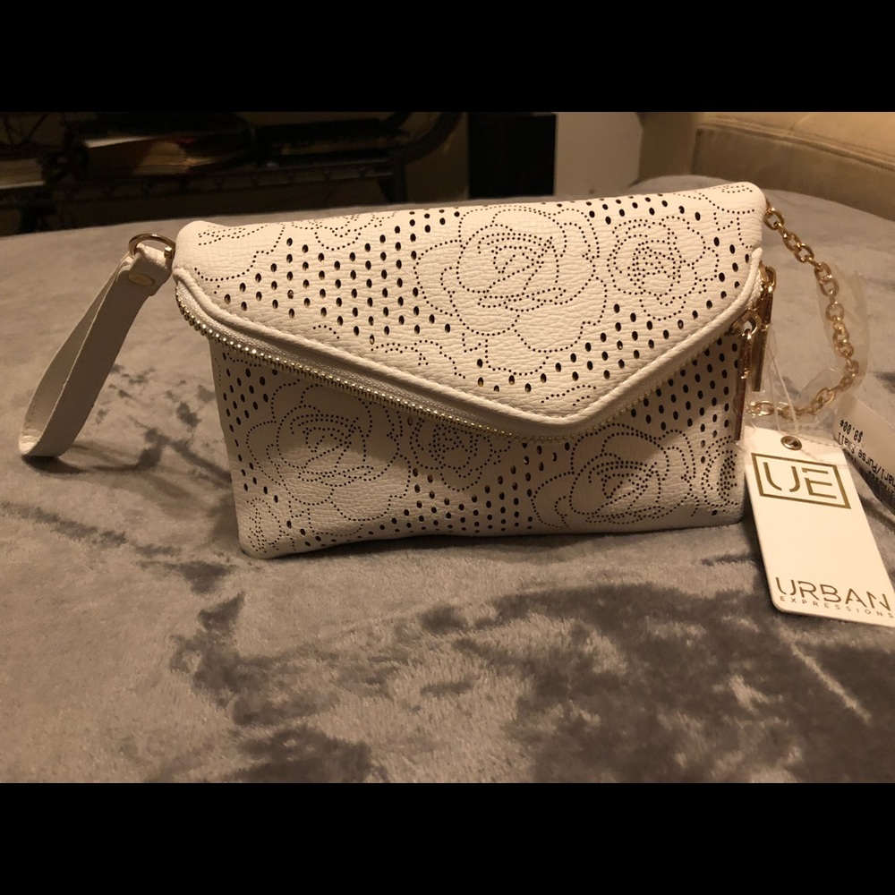 White Crossbody Bag w/ Gold Chain-Vegan - Picture 1 of 8